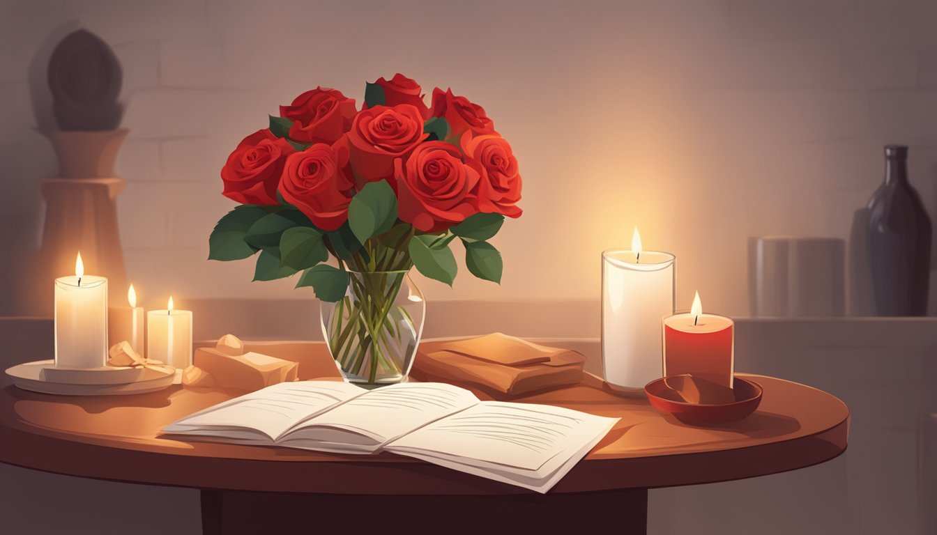 A bouquet of red roses and a handwritten card on a table, surrounded by soft candlelight and a warm, cozy atmosphere