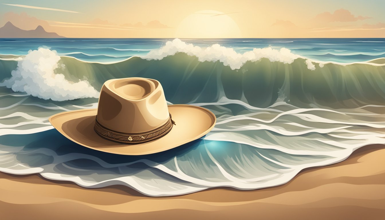 A lone cowboy hat resting on a sandy beach with waves crashing in the background