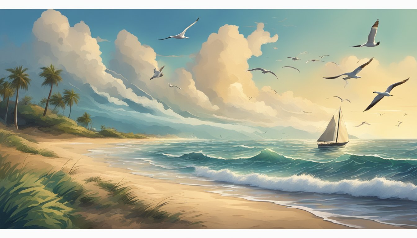 A beach with crashing waves, seagulls flying overhead, and a lone sailboat on the horizon