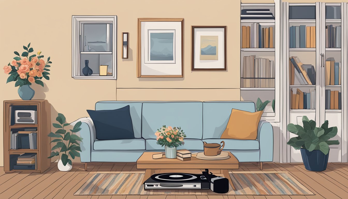 A cozy living room with a record player, scattered George Strait albums, and a bouquet of flowers on the coffee table