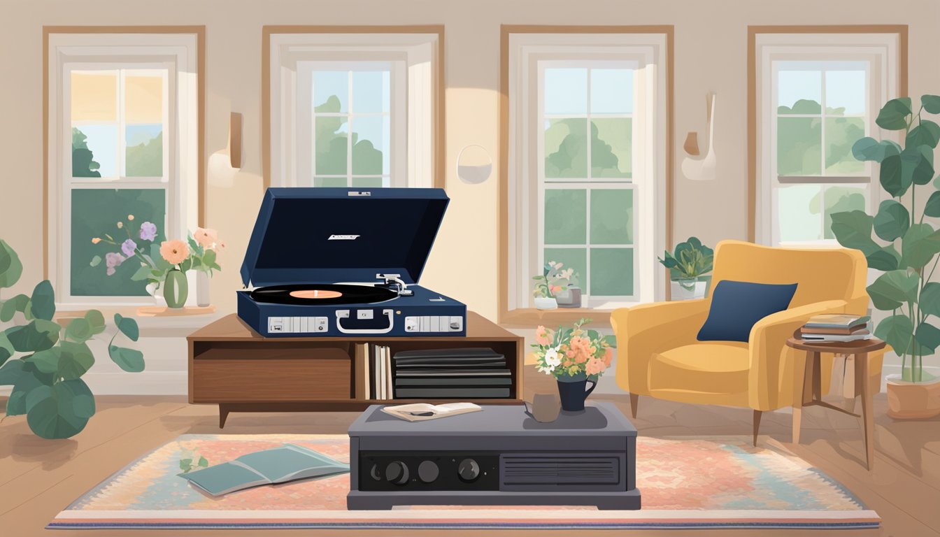 A cozy living room with a record player, a stack of George Strait albums, and a vase of fresh flowers on a coffee table