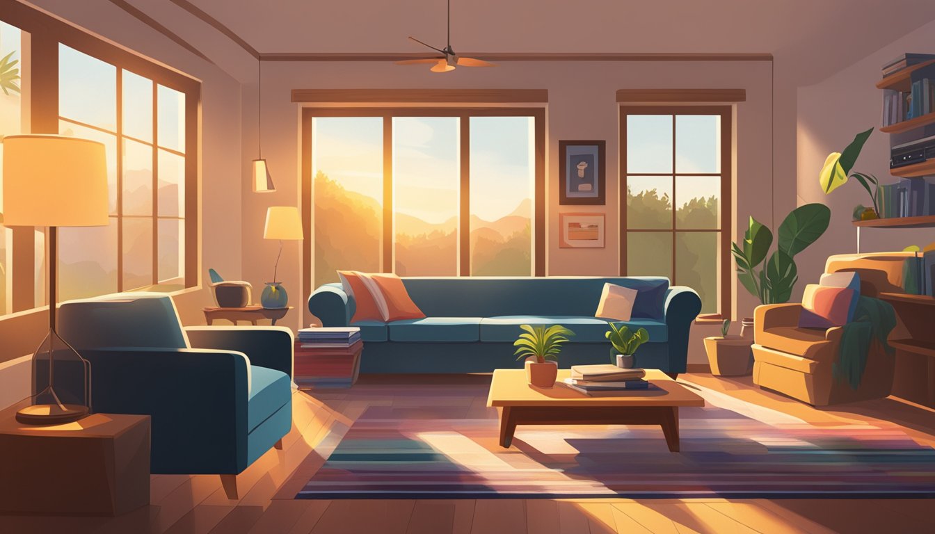 A cozy living room with a record player and a stack of George Strait vinyls. Sunlight streams in through the window, casting a warm glow on the room