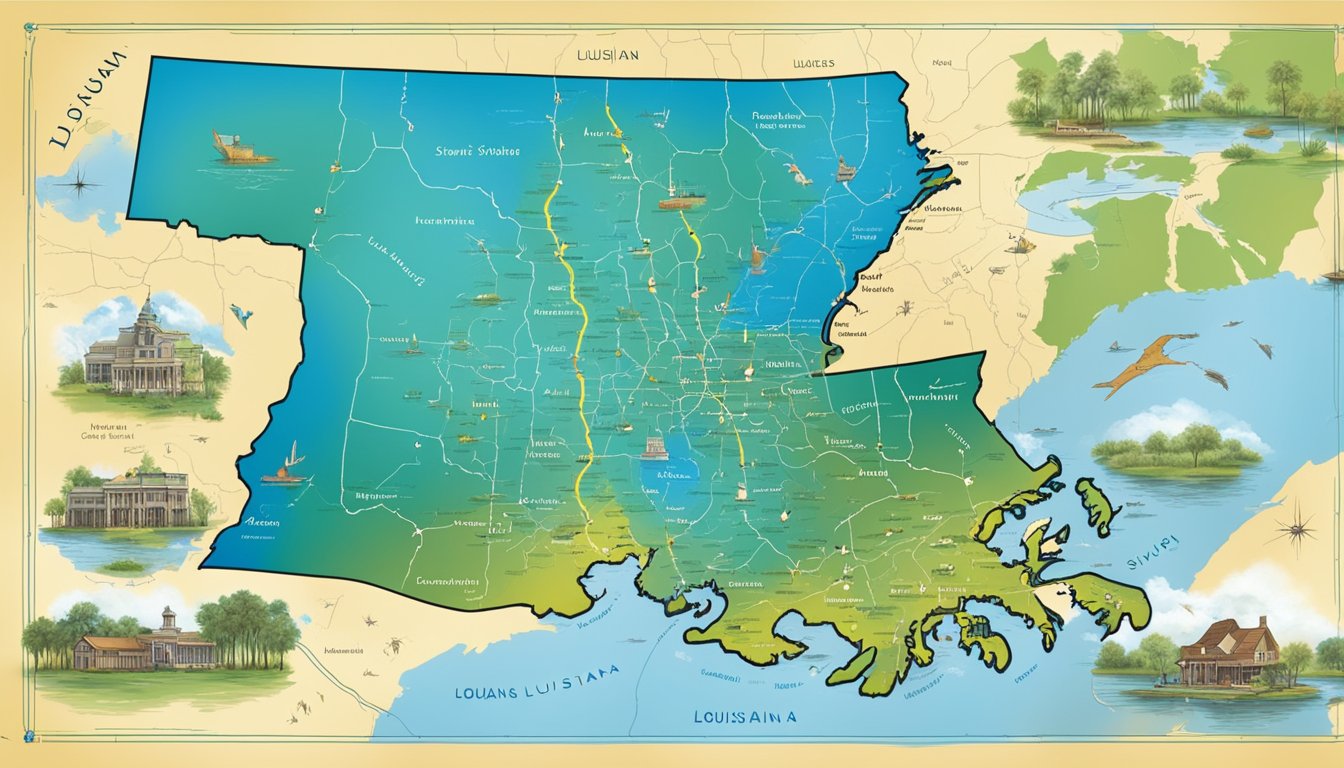 A vibrant map of Louisiana with various cities and towns marked, surrounded by bayous and swamps, under a bright blue sky