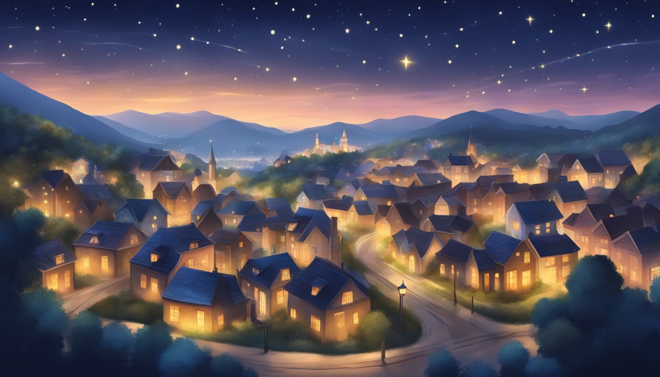 A starry night sky over a small town with twinkling lights and a romantic atmosphere