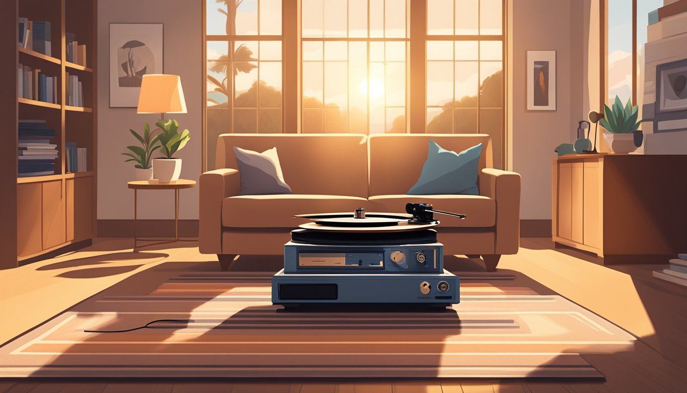 A cozy living room with a record player and a stack of George Strait vinyls. Sunlight streams in through the window, casting a warm glow over the room