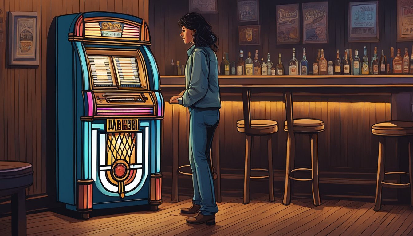 A lone jukebox in a dimly lit bar, playing George Strait songs as a woman walks out the door, leaving behind a heartbroken man