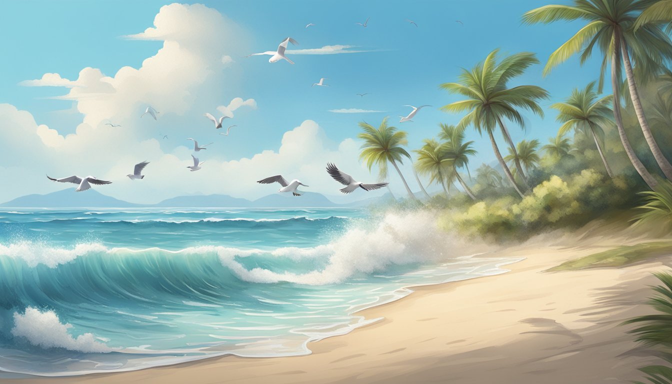 A serene beach with crashing waves, seagulls, and palm trees under a clear blue sky