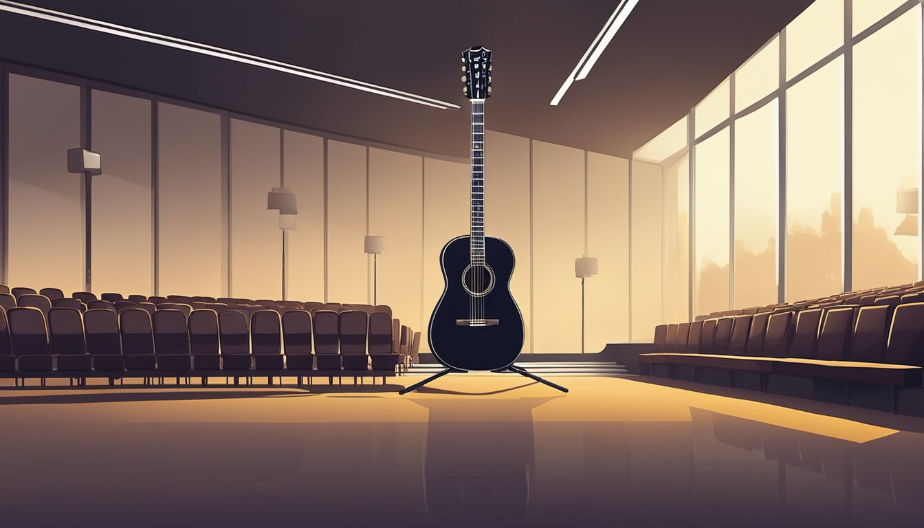 A lone guitar sits on a deserted stage under a spotlight, surrounded by empty seats and a melancholic atmosphere