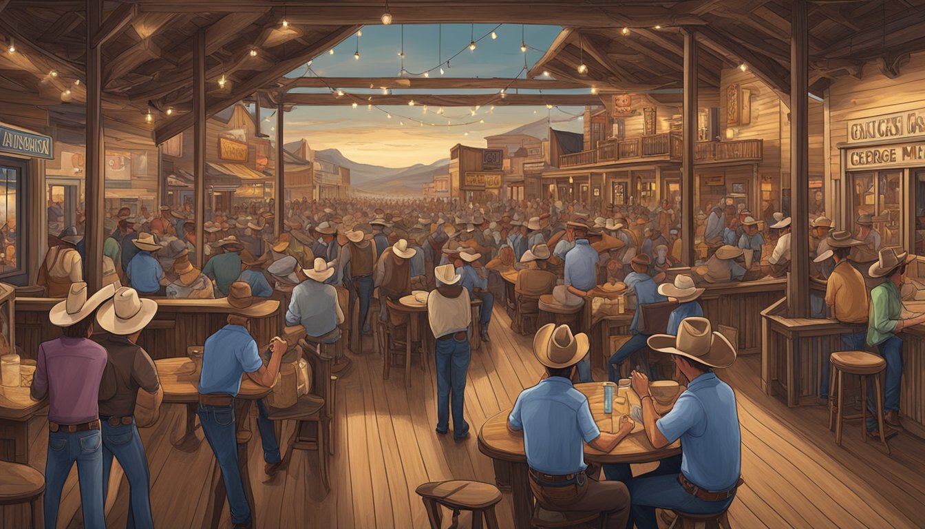 A bustling western town with cowboy hats, saloons, and a country music concert featuring George Strait