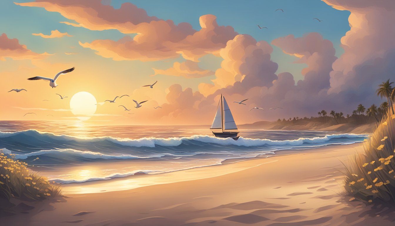 A serene beach at sunset, waves crashing on the shore, seagulls flying overhead, and a lone sailboat on the horizon