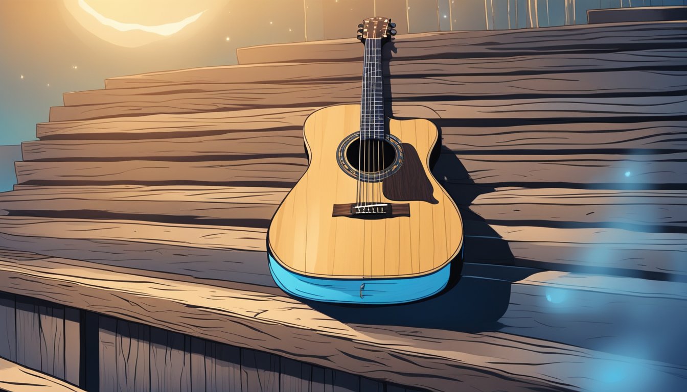 A lone guitar sits on a weathered wooden stage under soft blue lights, evoking a sense of melancholy and heartbreak