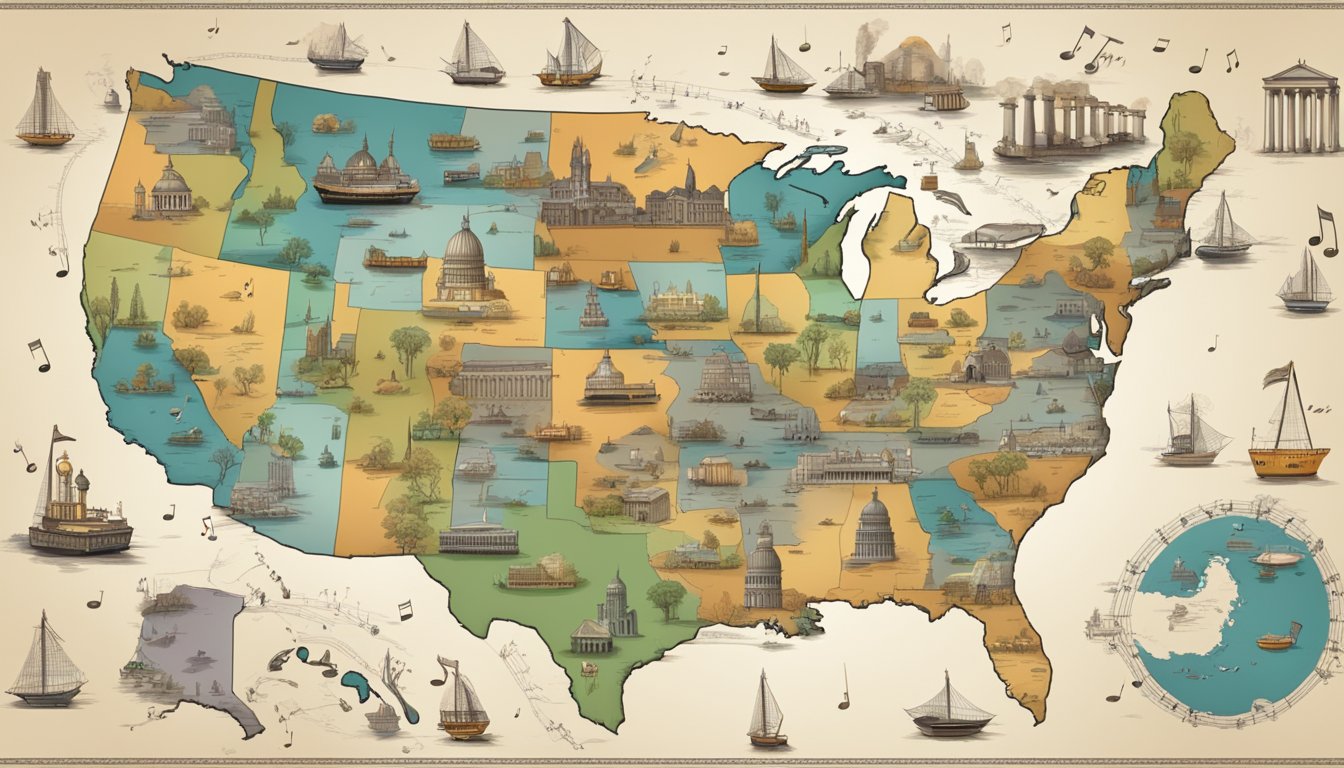 A map of the United States with various cities and towns marked, surrounded by musical notes and instruments