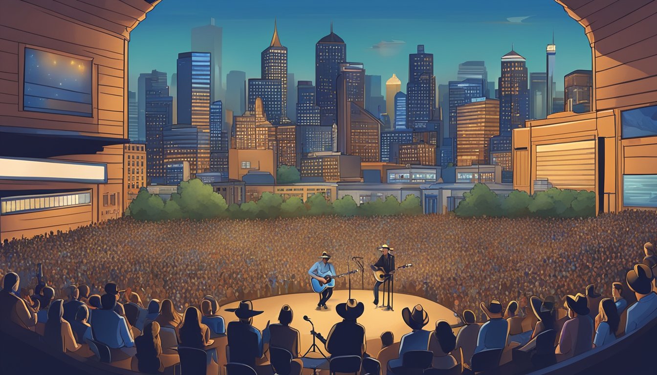 A lively country music concert with a backdrop of iconic city skylines and town landmarks. The stage is filled with musicians performing George Strait's songs