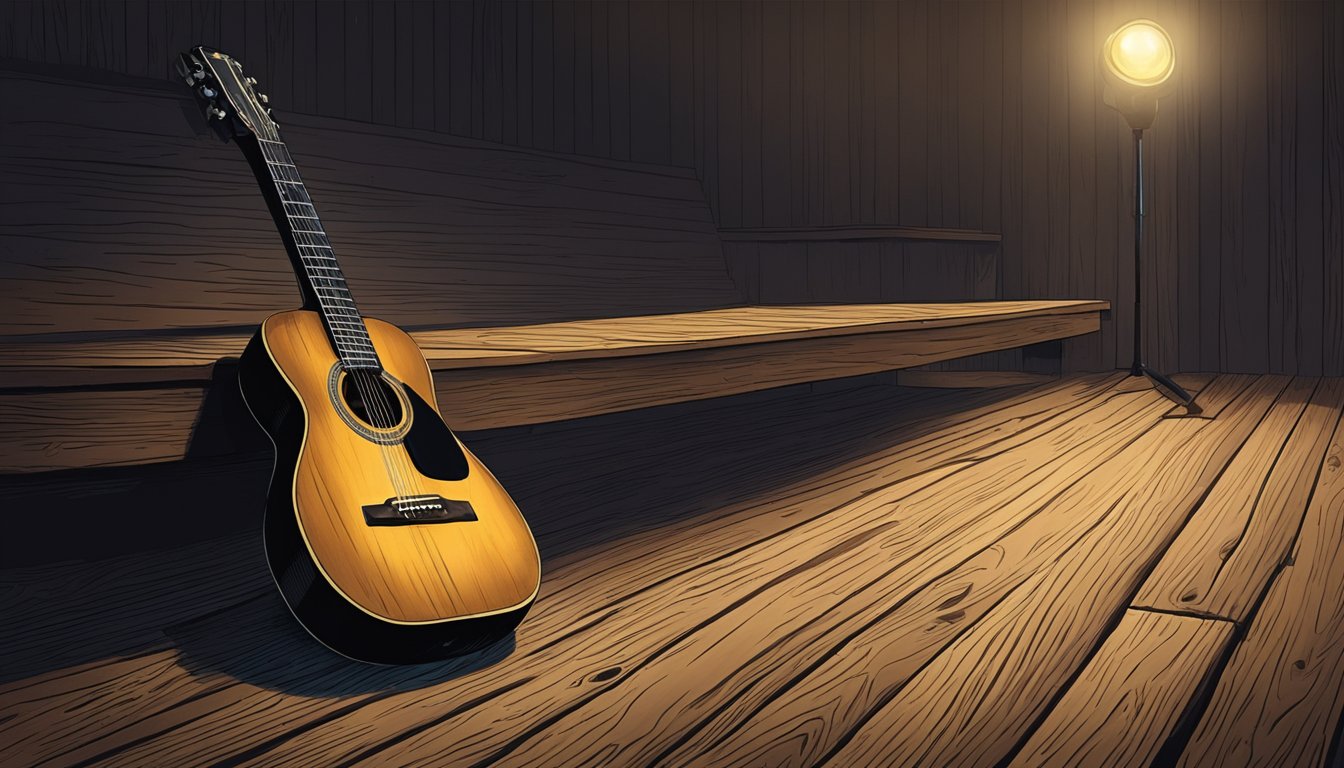 A lone guitar sits on a weathered wooden stage, illuminated by a single spotlight, evoking a sense of melancholy and heartbreak