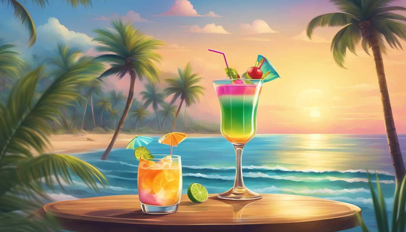 A beach scene with a colorful cocktail on a table, surrounded by swaying palm trees and the sound of ocean waves