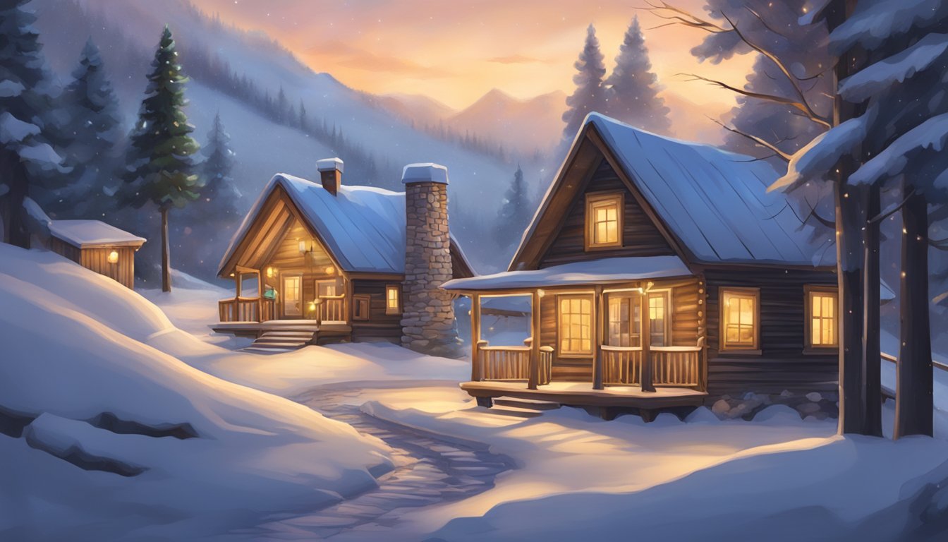 A snow-covered landscape with a cozy cabin, decorated with Christmas lights, and a music player playing George Strait's holiday songs