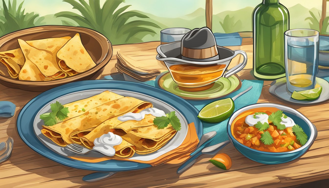 A table set with a steaming plate of enchiladas, surrounded by empty margarita glasses and a cowboy hat