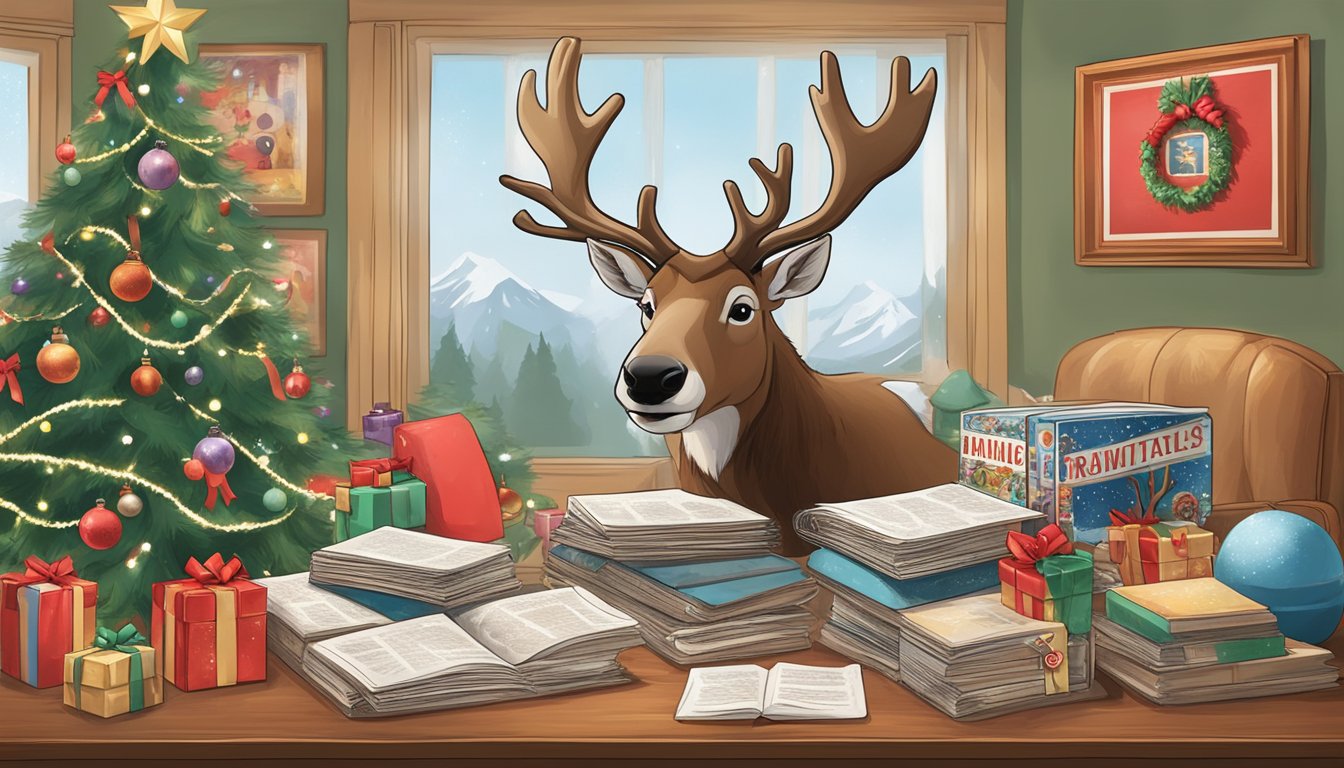 A reindeer with a glowing red nose surrounded by 10 George Strait albums and Christmas decorations