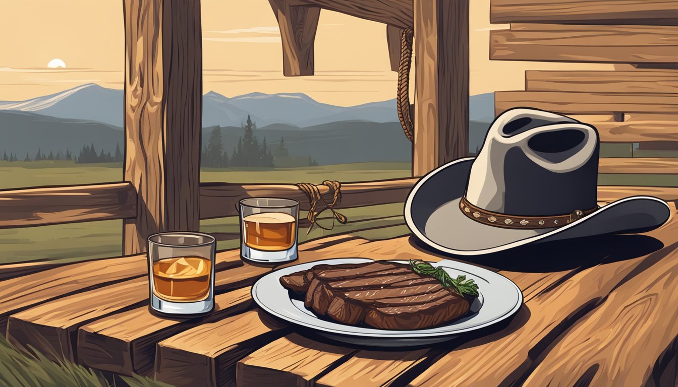 A cowboy hat and lasso hanging on a wooden fence next to a plate of sizzling steak and a glass of whiskey