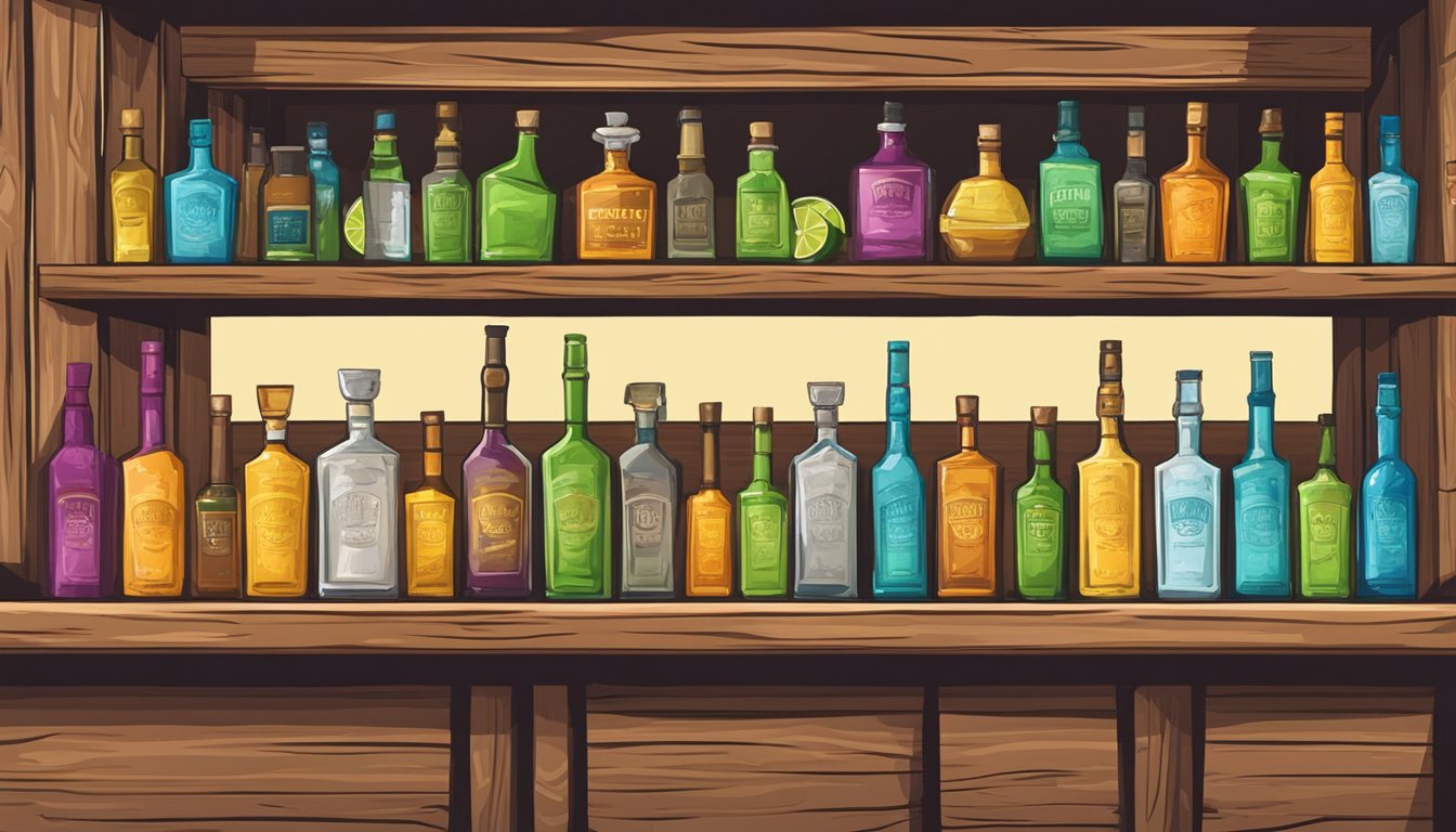 A rustic bar with colorful bottles of tequila lined up on shelves, accompanied by slices of lime and salt. A cowboy hat hangs on a peg nearby