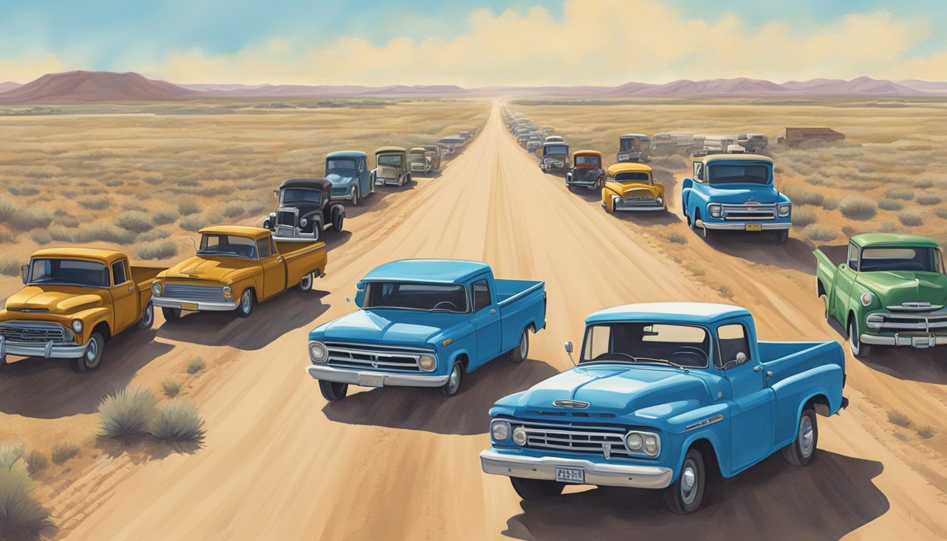 A dusty Texas road lined with vintage cars and pickup trucks, under a big blue sky