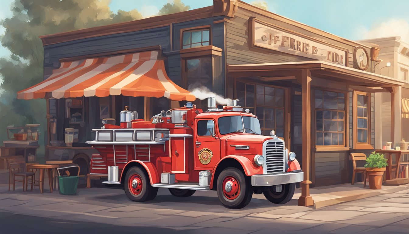 A vintage fire truck parked outside a rustic coffee shop, with a steaming cup of coffee sitting on the hood