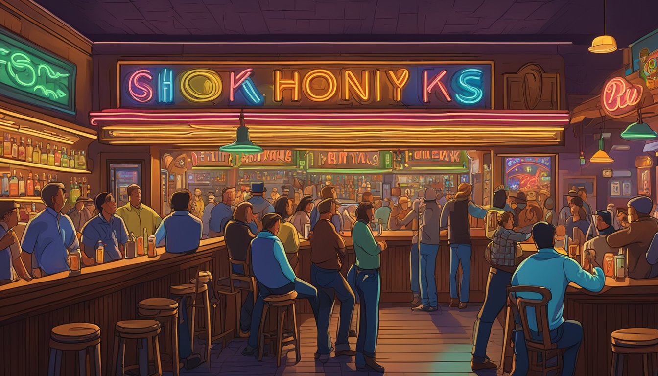 A neon sign reading "Honk If You Honky Tonk" above a crowded bar with beer bottles and George Strait playing on the jukebox