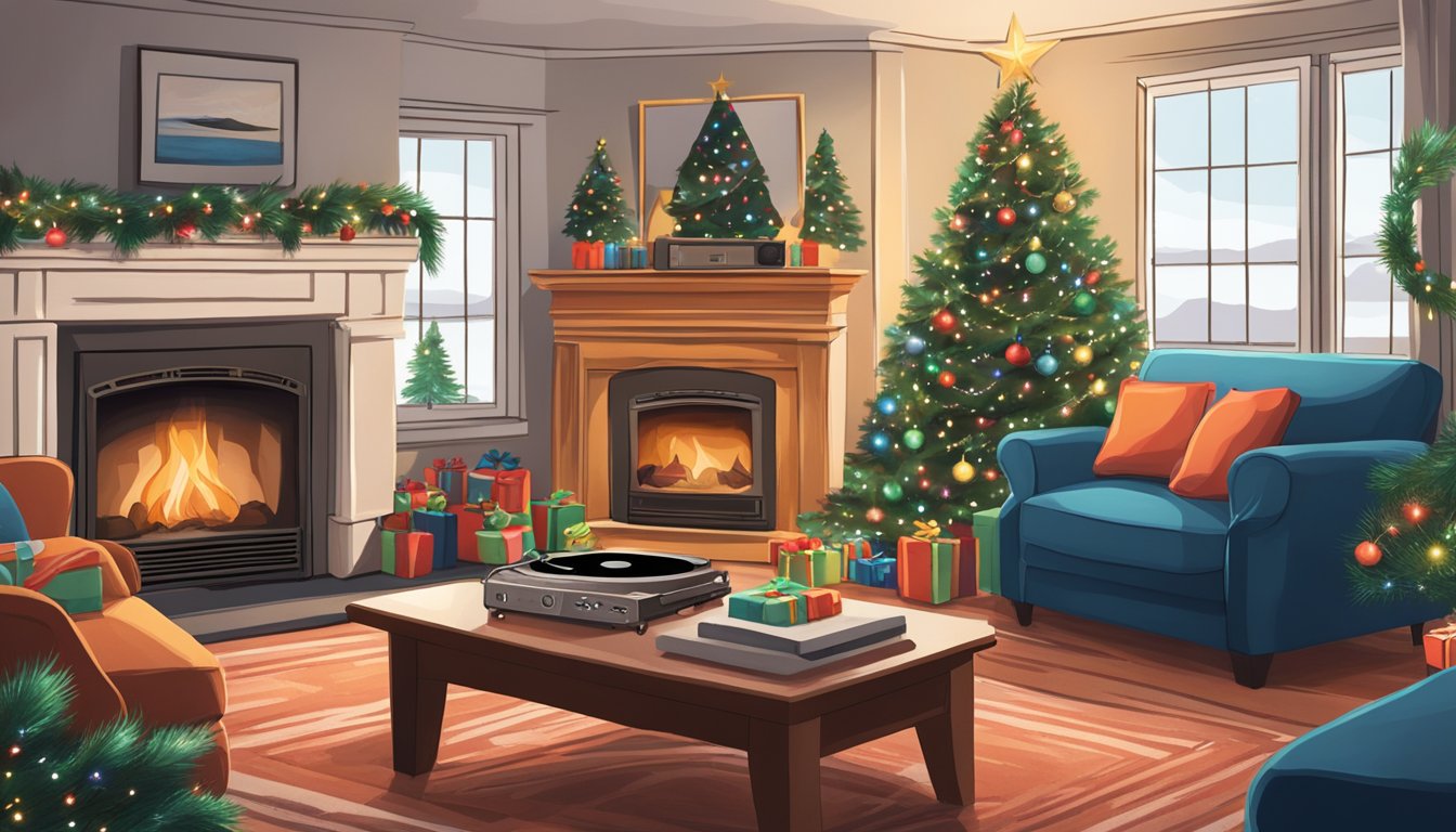 A cozy, festive living room with a crackling fireplace, a Christmas tree adorned with lights and ornaments, and a record player spinning George Strait's holiday songs