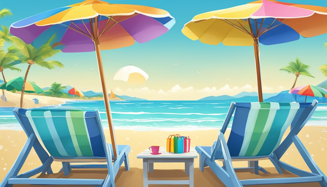 A sandy beach with colorful umbrellas and beach chairs, overlooking a sparkling ocean with waves crashing against the shore. A clear blue sky and palm trees complete the summery scene