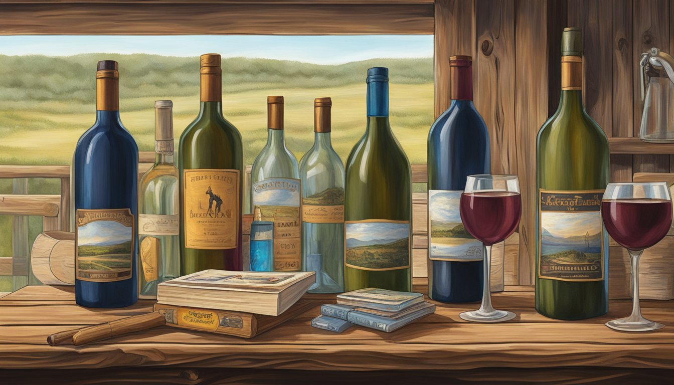 A rustic wooden table adorned with wine bottles, glasses, and a collection of George Strait albums