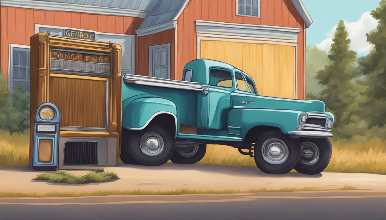 A country road with a vintage pickup truck parked next to a jukebox playing George Strait songs