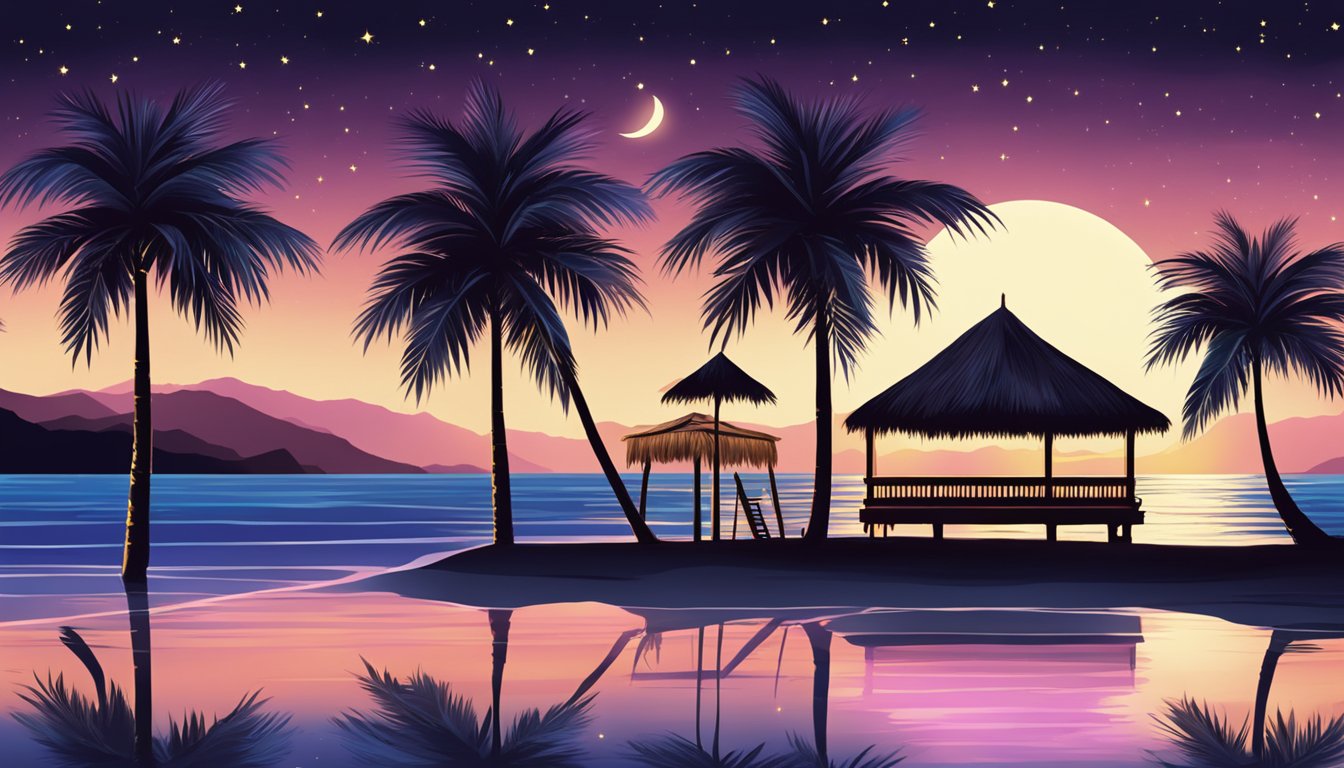 A tropical beach at night, with palm trees, a tiki bar, and stars reflected on the water