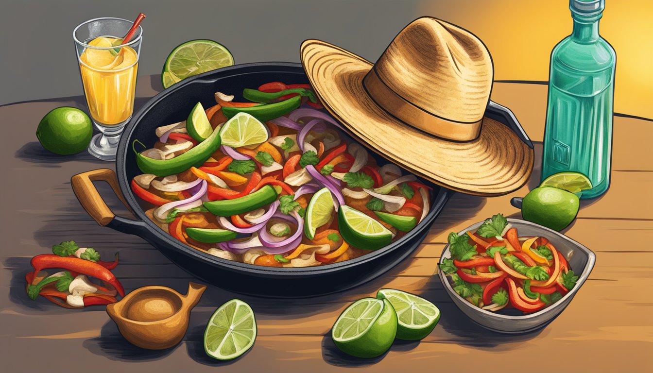 A sizzling skillet of fajitas surrounded by margaritas and a cowboy hat