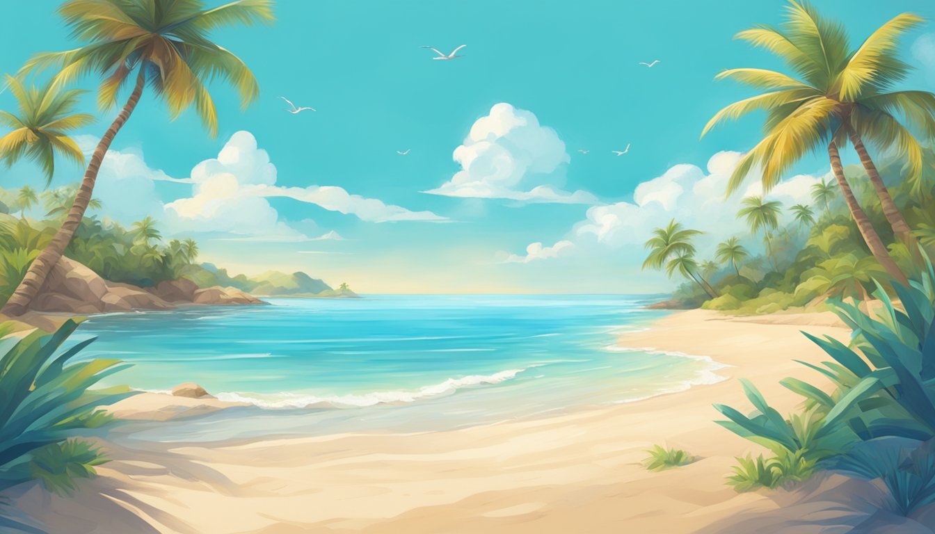 A vibrant beach scene with palm trees, clear blue water, and sandy shores under a bright, sunny sky