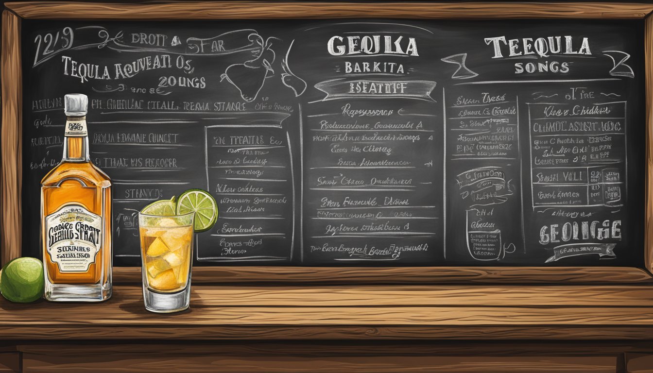 A rustic bar with a bottle of tequila and a list of George Strait songs on a chalkboard