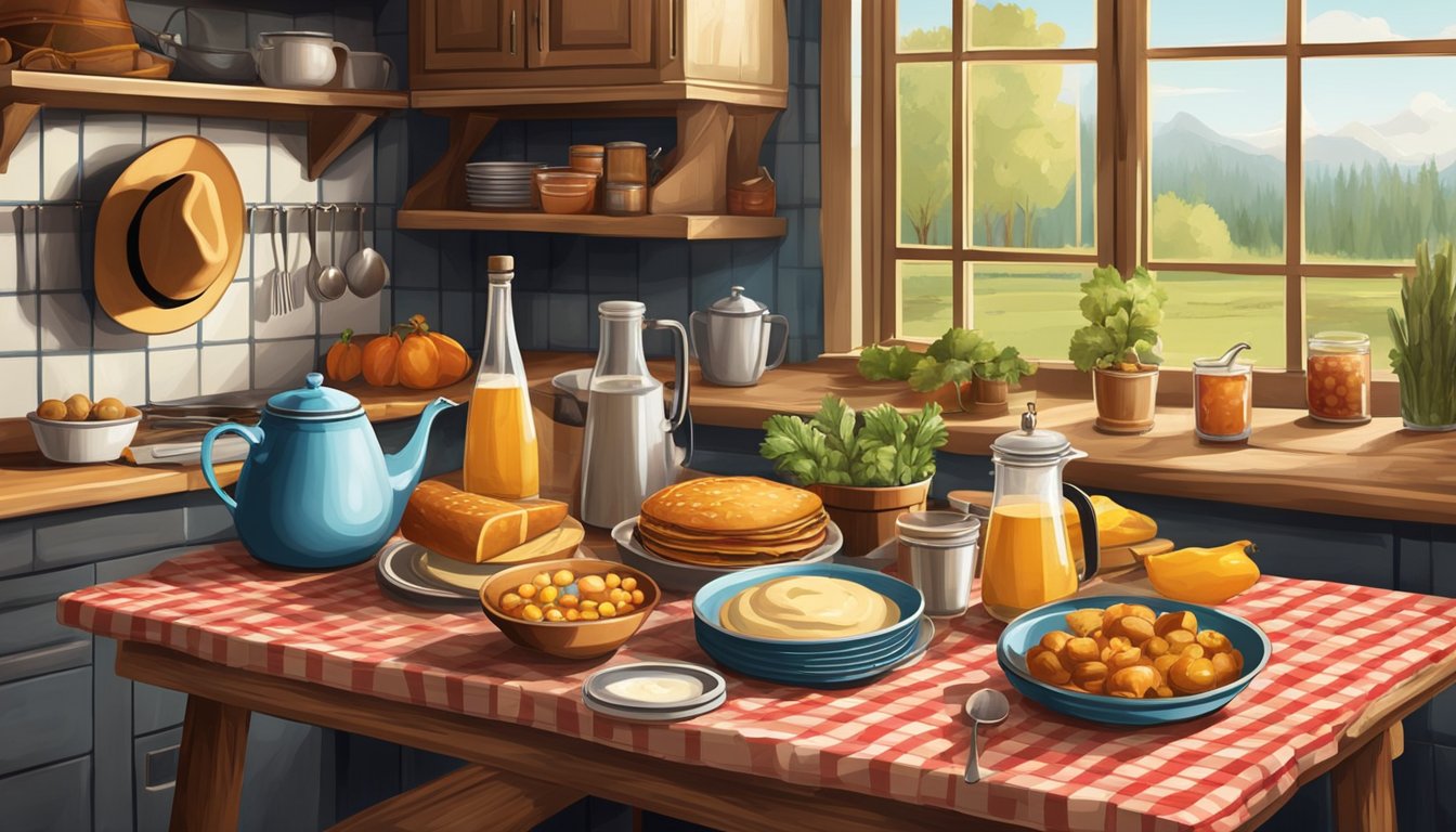 A rustic kitchen with a cowboy hat hanging on a hook, a checkered tablecloth, and a spread of country-style food and drinks