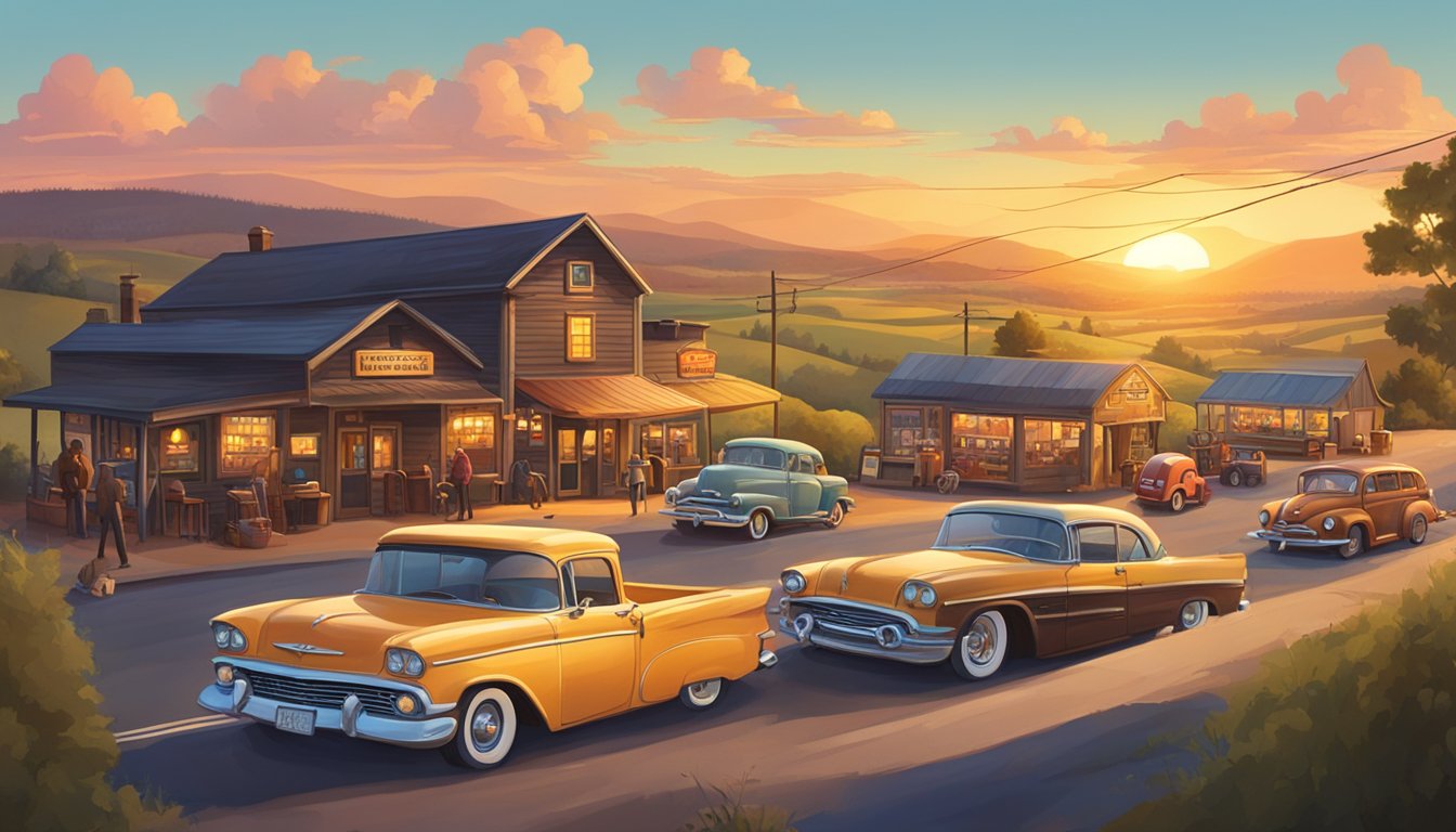 A country road winding through rolling hills, with vintage cars and trucks parked outside a honky-tonk bar. Sunset casts a warm glow over the scene