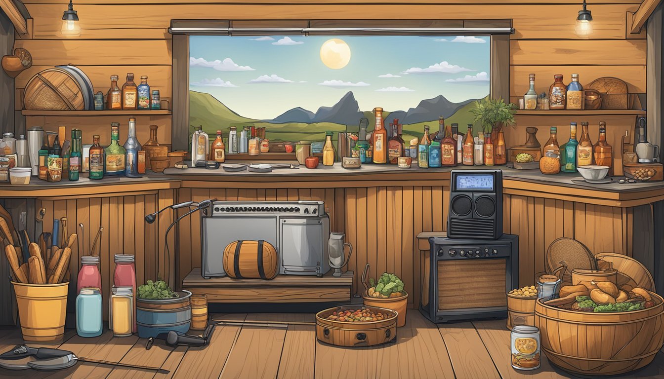 A country music stage with instruments and microphone, surrounded by food and drink items mentioned in George Strait's songs