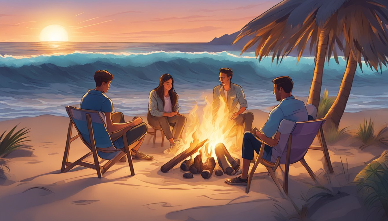 A beach bonfire with friends, waves crashing in the background, and a guitar resting against a chair