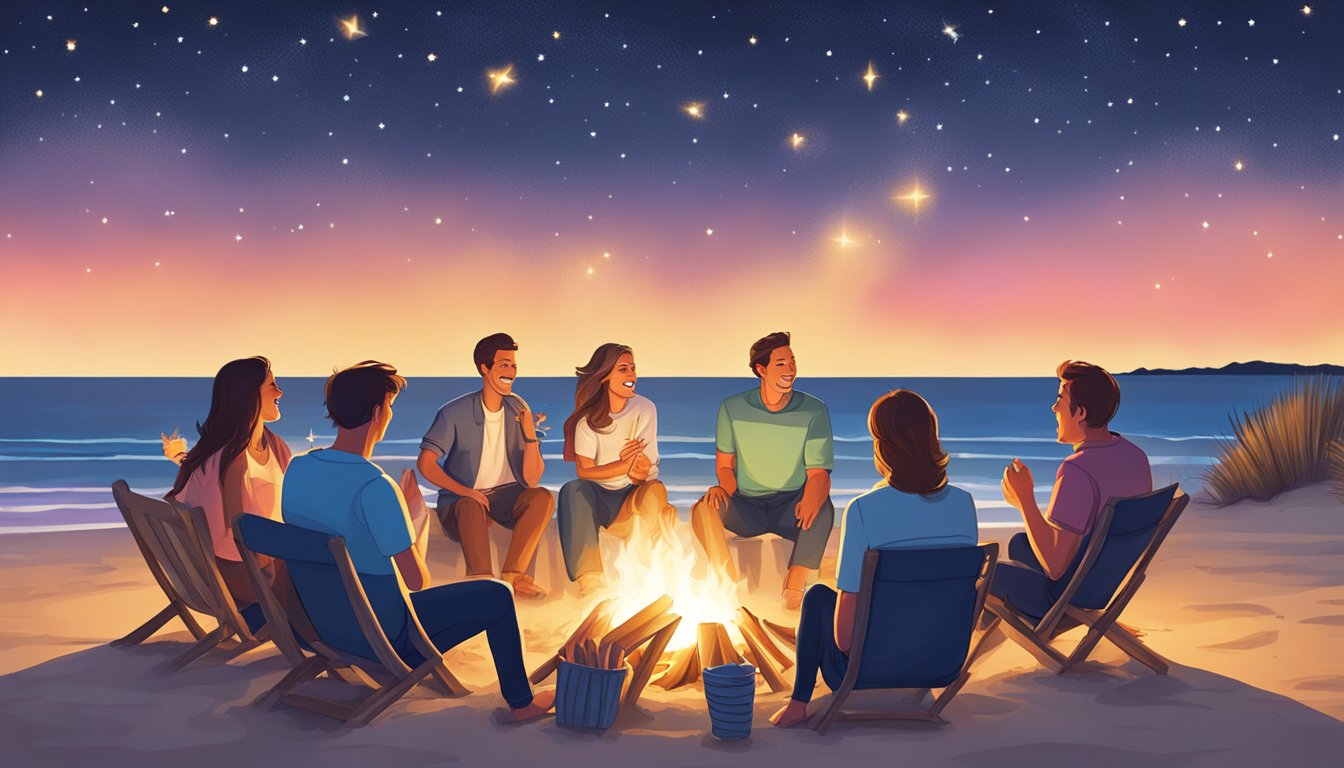 A beach bonfire with a group of friends singing along to George Strait's hits under the starry summer night sky