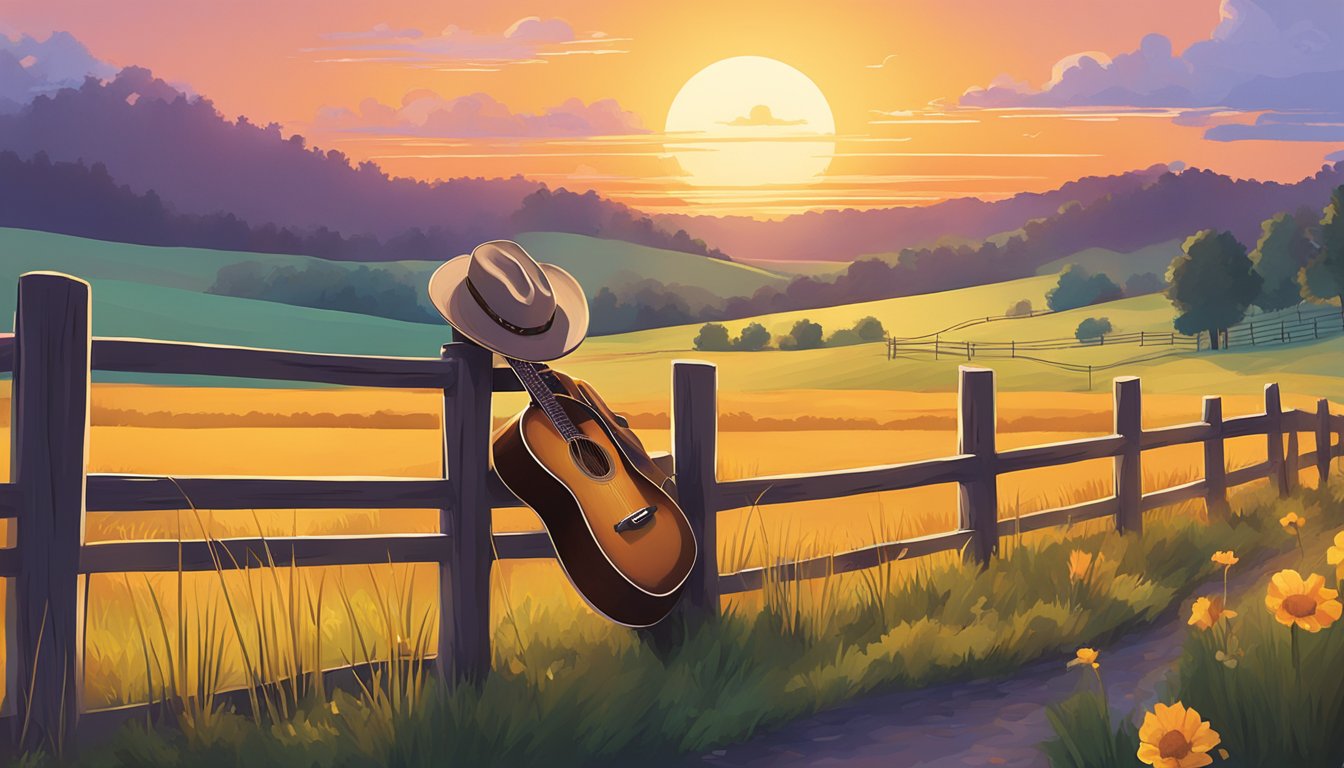 A vibrant sunrise over a rolling countryside, with a cowboy hat resting on a fence post and a guitar leaning against it