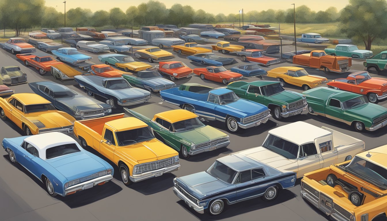 A collection of cars and trucks in various settings, from country roads to honky-tonk parking lots, with George Strait's name prominently displayed