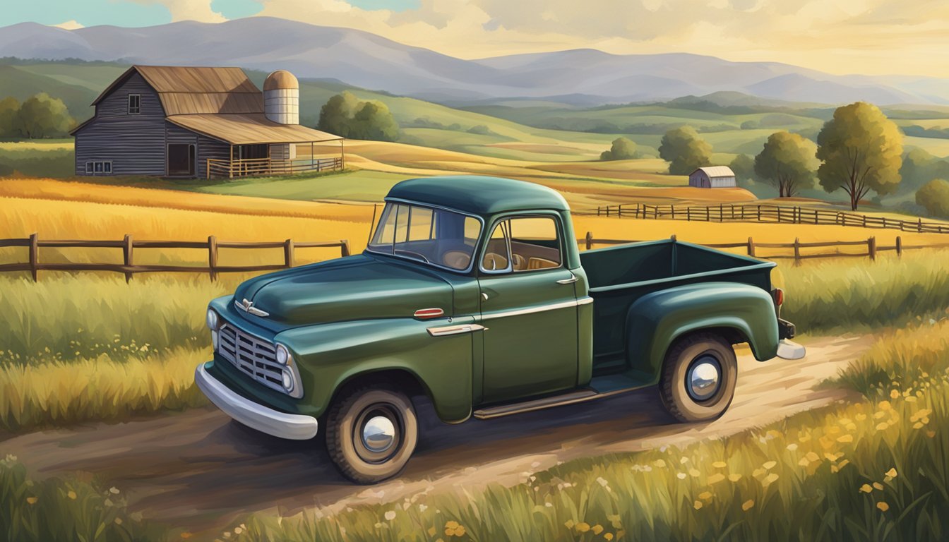 A vintage pickup truck parked in a rural setting, surrounded by rolling hills and fields. The truck is the focal point, with country music themes subtly incorporated into the landscape