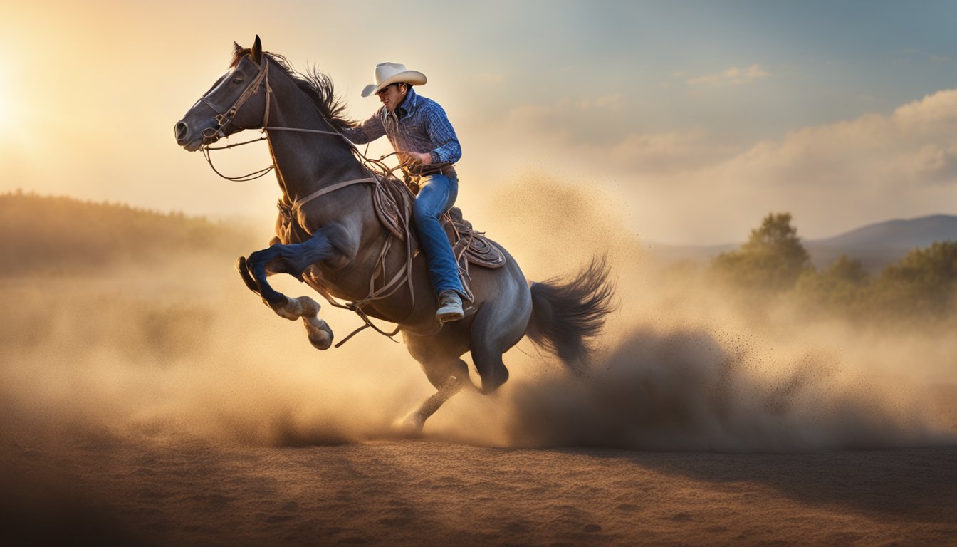 A bucking rodeo horse kicking up dust in a wild, open field at dawn