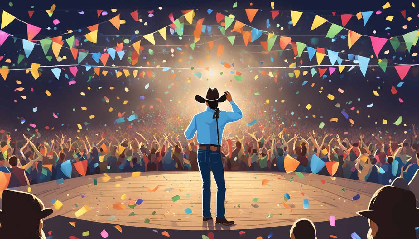 A festive stage with a microphone, cowboy hat, and confetti falling as George Strait songs play in the background