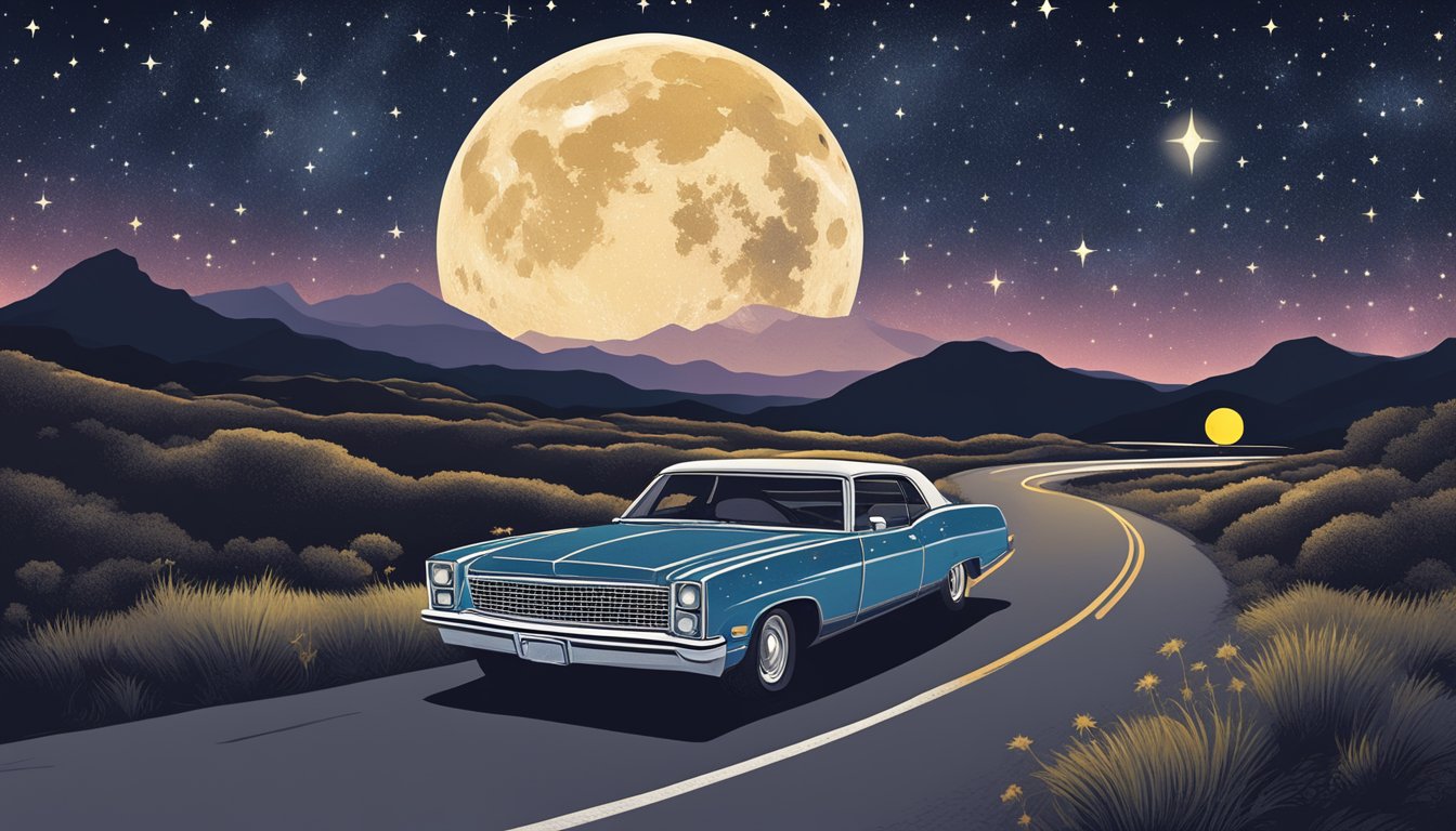 A starry night sky with a glowing full moon, a winding road leading off into the distance, and a vintage car with a cassette tape labeled "George Strait" on the dashboard