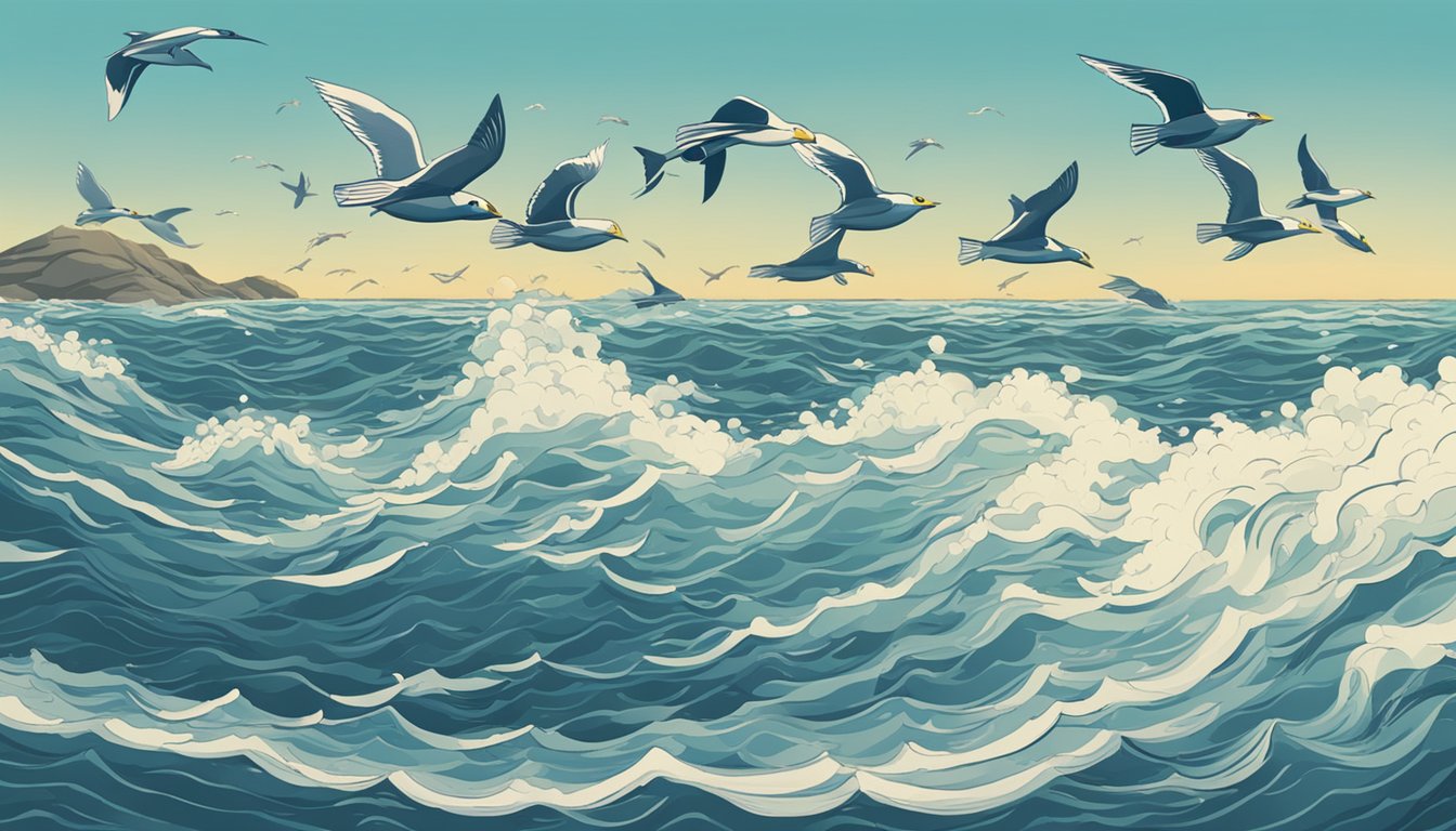 A school of fish swimming along the shore, with waves crashing in the background and seagulls flying overhead