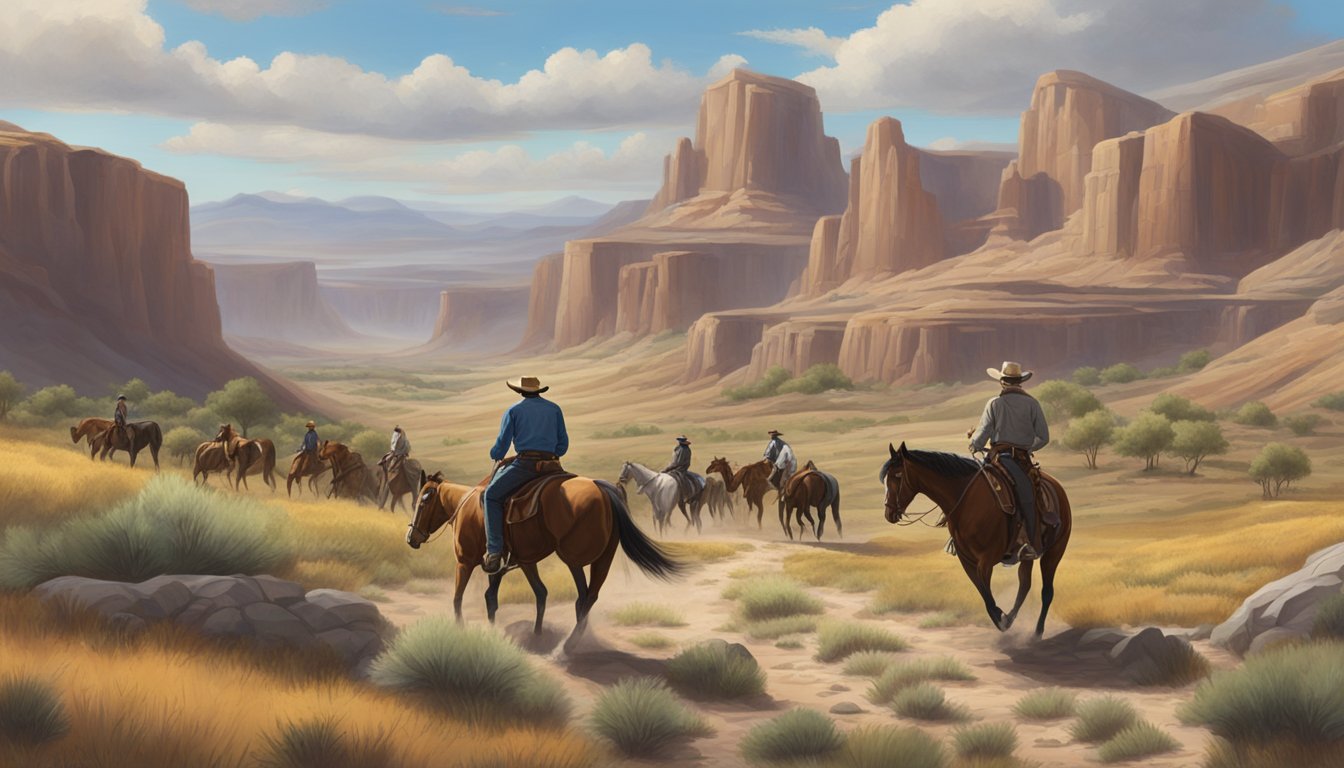 A cowboy riding a horse through a rugged western landscape, with other horses grazing in the background