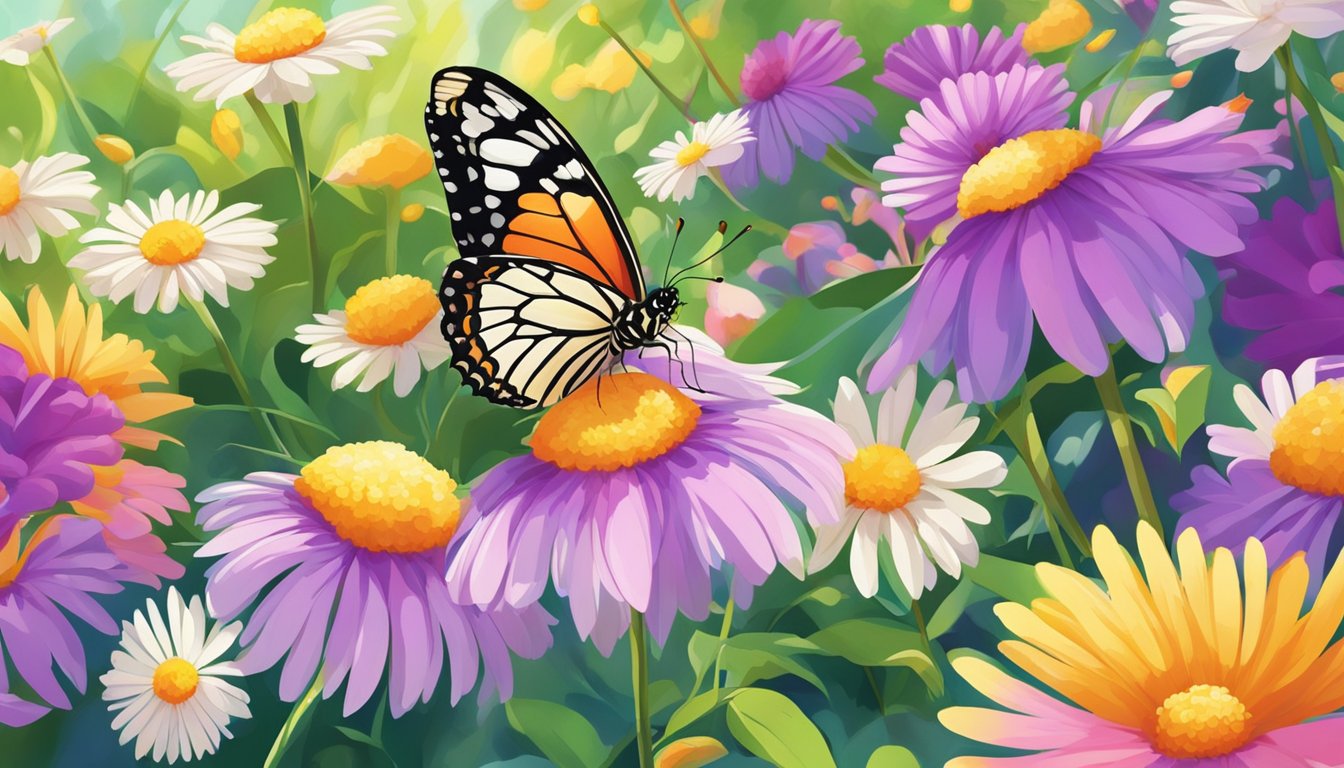 A vibrant butterfly gracefully flutters among colorful flowers in a sun-drenched garden