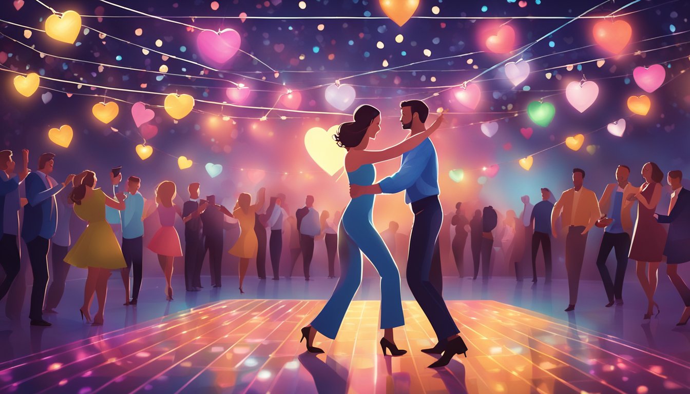 A couple dancing under romantic string lights with a heart-shaped disco ball reflecting on the dance floor